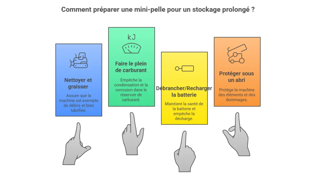 Infographie illustrant les étapes de préparation d'une mini-pelle pour un stockage prolongé : nettoyer et graisser la machine, faire le plein de carburant, débrancher ou recharger la batterie, et protéger sous un abri.