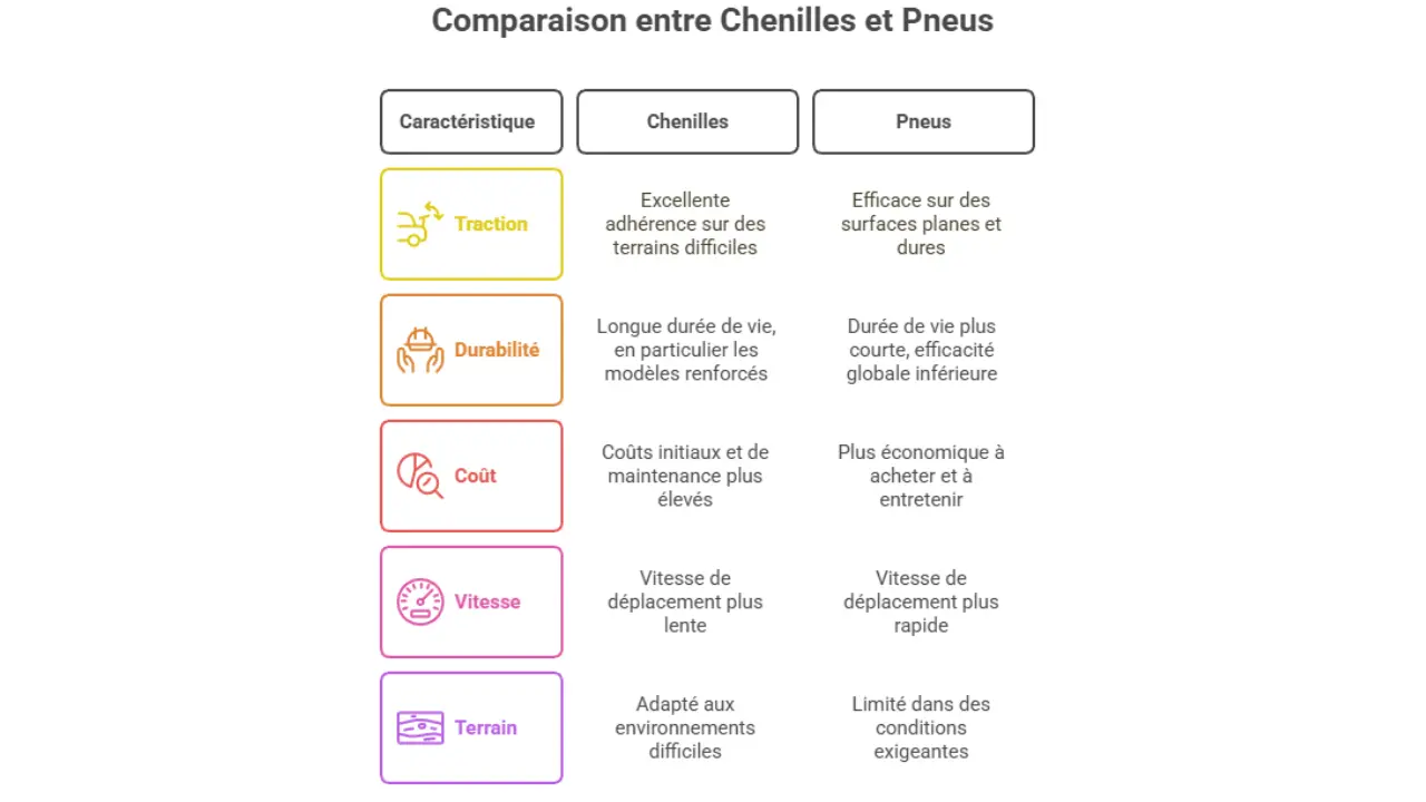 Tableau comparatif entre chenilles et pneus pour mini-pelles, avec des critères comme traction, durabilité, coût, vitesse et adaptation au terrain.
