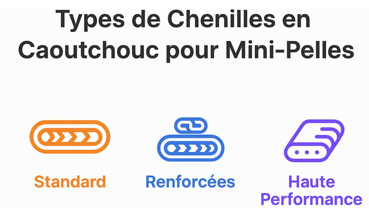 Infographie sur les types de chenilles en caoutchouc pour mini-pelles, avec trois catégories représentées par des icônes colorées : Standard, Renforcées et Haute Performance