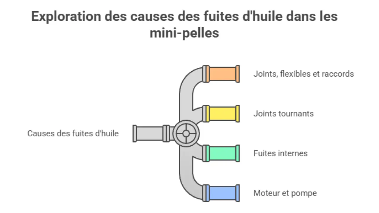 Schéma illustrant les principales causes de fuites d'huile sur les mini-pelles : joints, flexibles et raccords ; joints tournants ; fuites internes ; moteur et pompe.