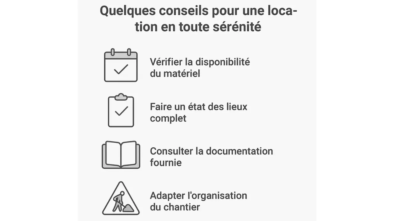 Infographie intitulée 'Quelques conseils pour une location en toute sérénité' présentant quatre étapes : vérifier la disponibilité du matériel, faire un état des lieux complet, consulter la documentation fournie, et adapter l'organisation du chantier.