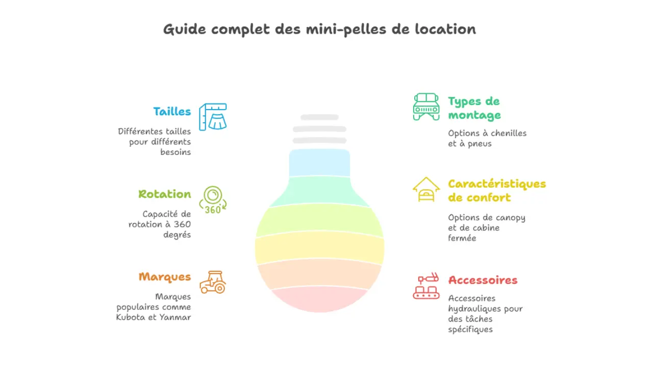 Infographie intitulée 'Guide complet des mini-pelles de location' présentant six critères : tailles, types de montage, rotation 360°, caractéristiques de confort, marques (ex. Kubota et Yanmar), et accessoires hydrauliques pour tâches spécifiques.