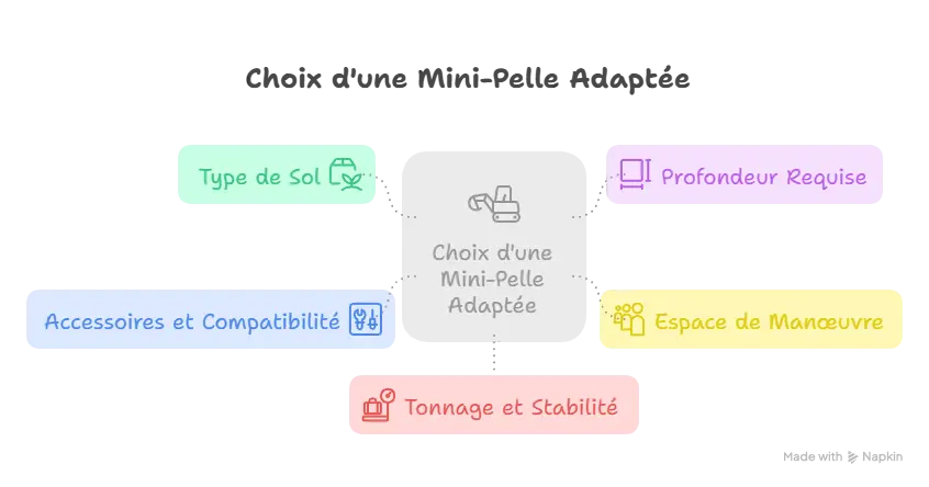 Infographie illustrant les critères pour choisir une mini-pelle adaptée : type de sol, profondeur requise, espace de manœuvre, tonnage et stabilité, accessoires et compatibilité.