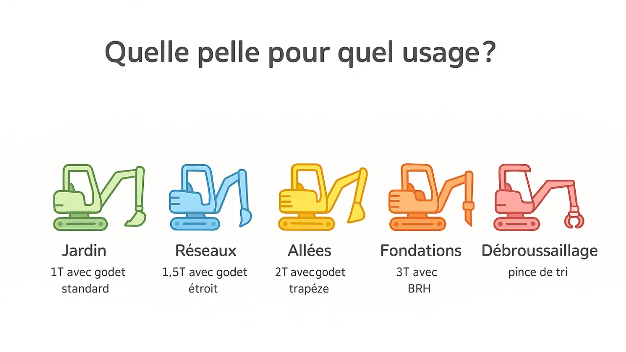 Infographie illustrant quel modèle de mini-pelle choisir selon l’usage : jardin (1T avec godet standard), réseaux (1,5T avec godet étroit), allées (2T avec godet trapèze), fondations (3T avec BRH), débroussaillage (pince de tri).