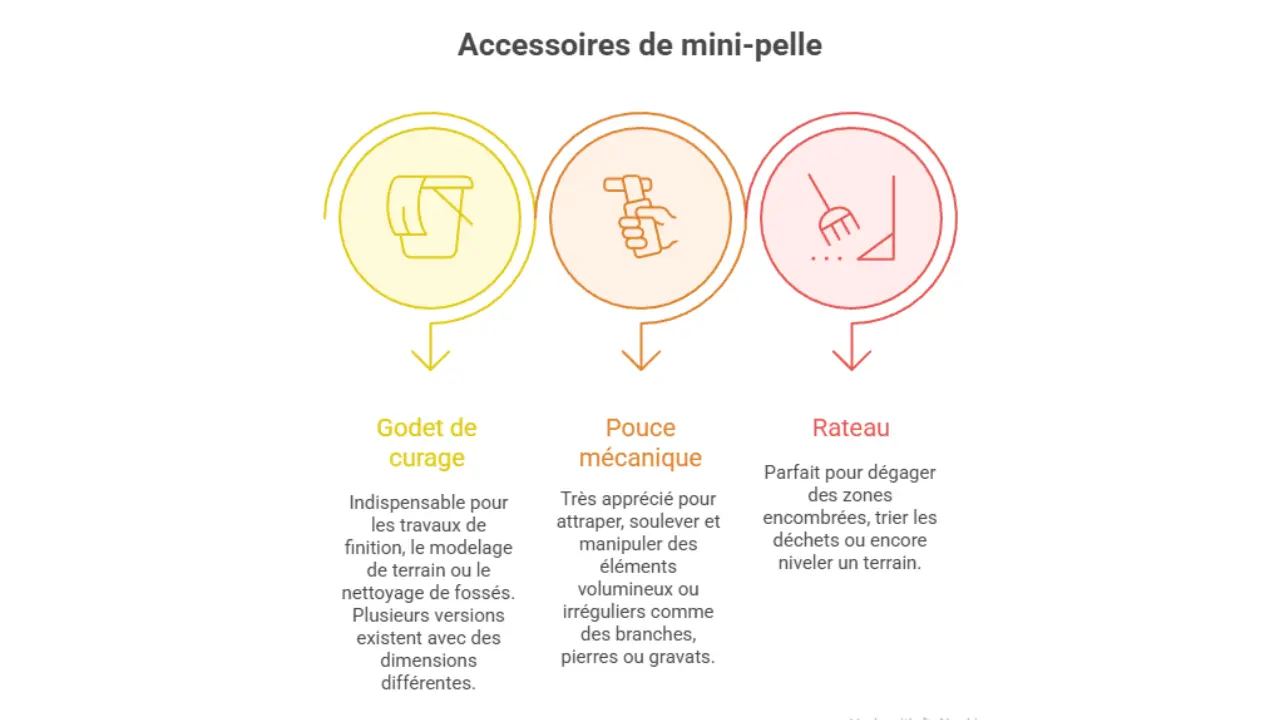 Infographie illustrant trois accessoires de mini-pelle : godet de curage, pouce mécanique et râteau, avec leurs icônes et descriptions respectives.