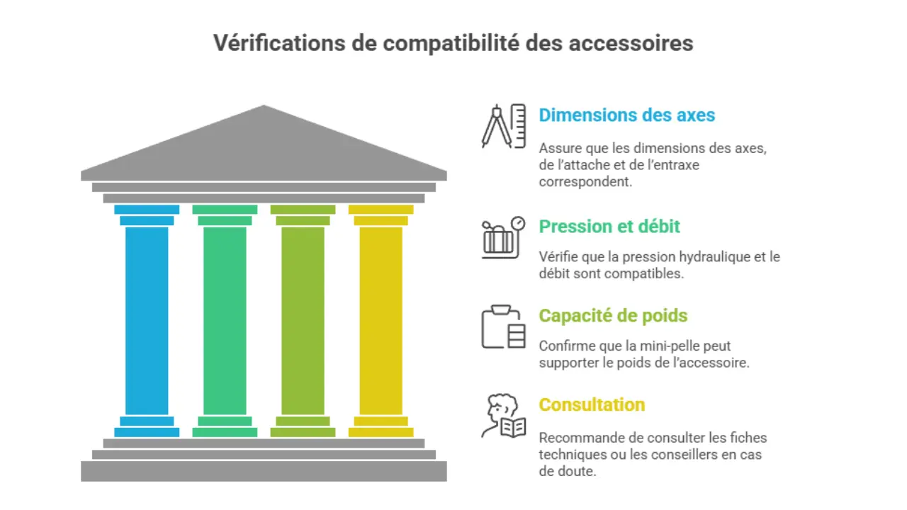 Infographie représentant les vérifications de compatibilité des accessoires de mini-pelle, illustrées par quatre colonnes colorées : dimensions des axes, pression et débit, capacité de poids, et consultation des fiches techniques.