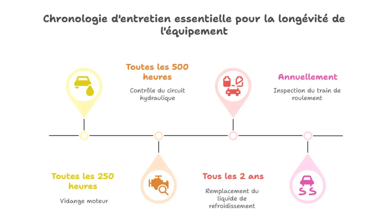 Frise chronologique illustrant les intervalles d’entretien d’une mini-pelle : vidange moteur toutes les 250 heures, contrôle du circuit hydraulique toutes les 500 heures, remplacement du liquide de refroidissement tous les 2 ans, inspection du train de roulement chaque année.