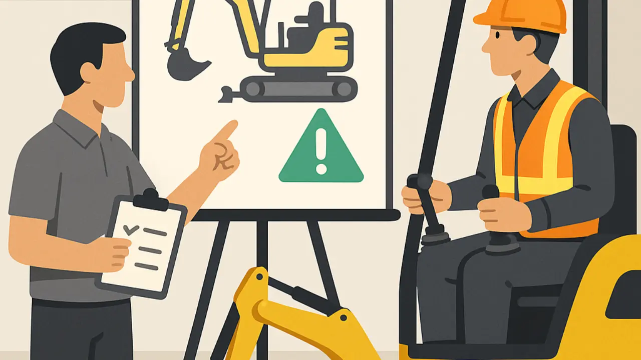Illustration d’un opérateur de mini-pelle en formation, recevant des instructions d’un formateur devant un tableau montrant une pelle mécanique, dans un environnement de chantier sécurisé.