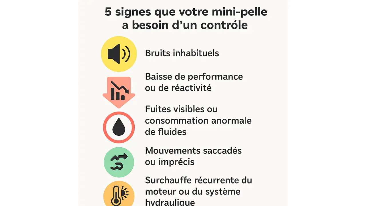 Infographie illustrant 5 signes indiquant qu’une mini-pelle a besoin d’un contrôle : bruits inhabituels, baisse de performance, fuites de fluides, mouvements saccadés et surchauffe du moteur ou du système hydraulique.