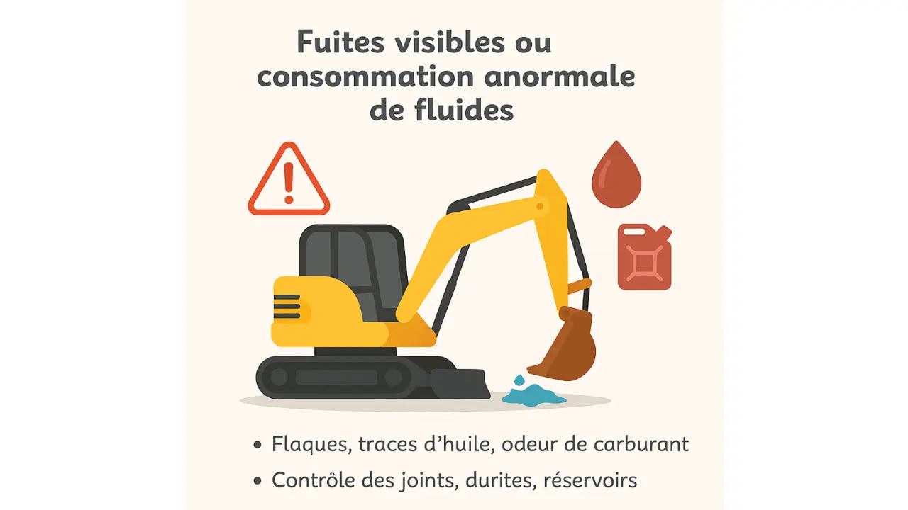 Illustration d’une mini-pelle avec une flaque sous le godet, accompagnée d’icônes de goutte d’huile, jerrican et panneau d’avertissement, soulignant les signes de fuites ou de consommation anormale de fluides.