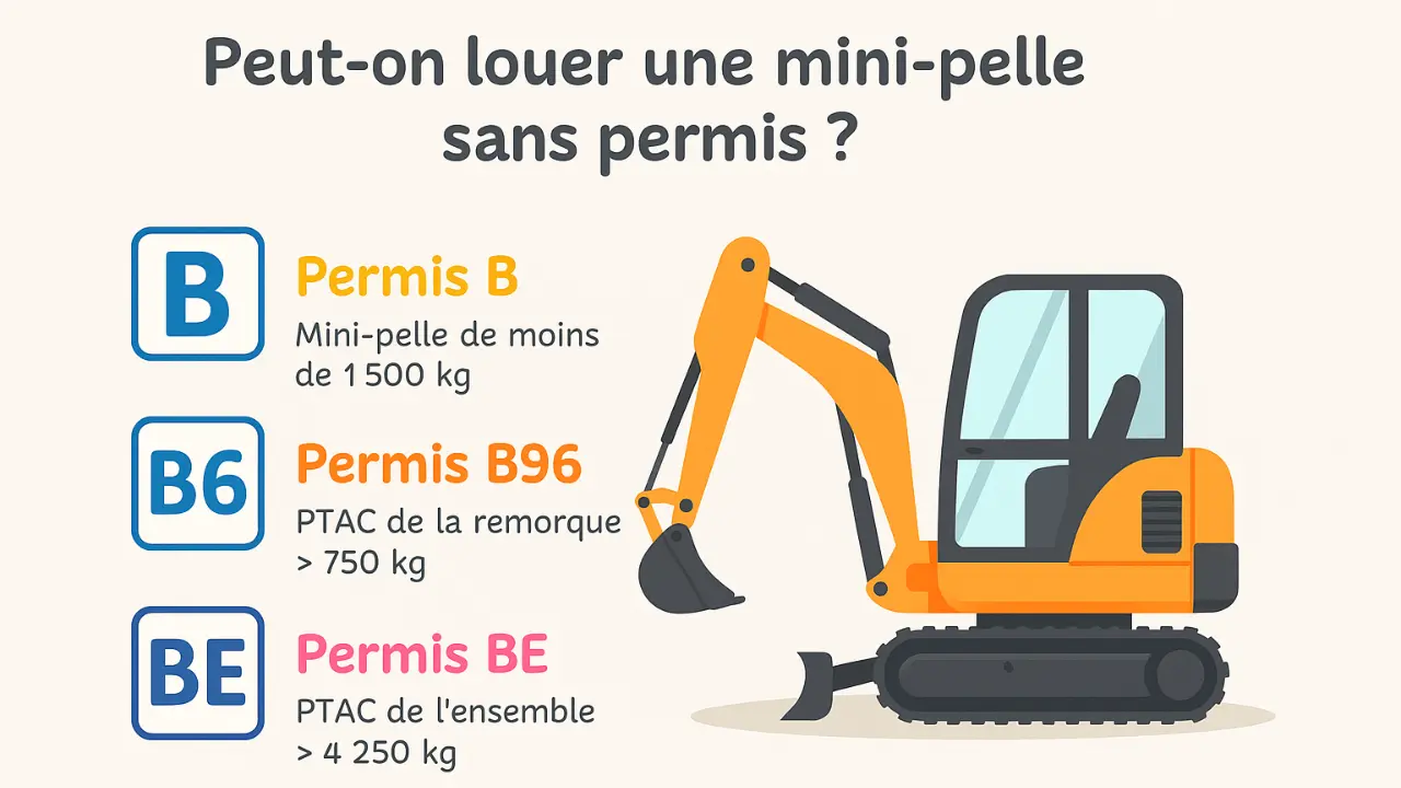 Infographie illustrant les permis nécessaires pour louer une mini-pelle : permis B pour les machines de moins de 1 500 kg, permis B96 pour une remorque de plus de 750 kg, et permis BE pour un ensemble dépassant 4 250 kg.