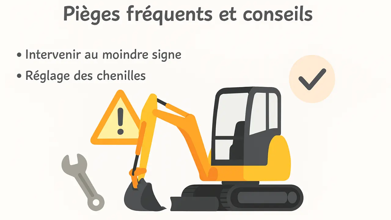 Illustration d’une mini-pelle avec un panneau de signalisation, une clé et une coche, accompagnée de conseils visuels sur l’entretien : intervenir dès les premiers signes et régler correctement les chenilles.