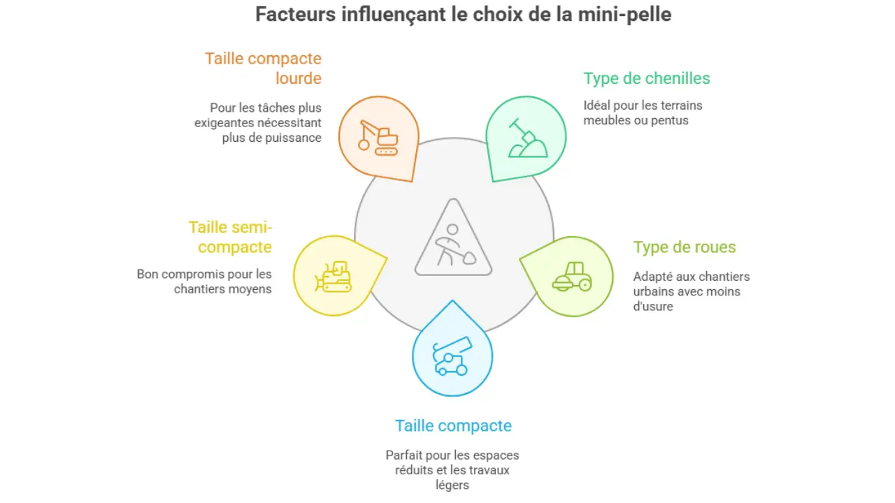 Infographie présentant les facteurs influençant le choix d'une mini-pelle, incluant la taille compacte, semi-compacte, compacte lourde, le type de chenilles et le type de roues