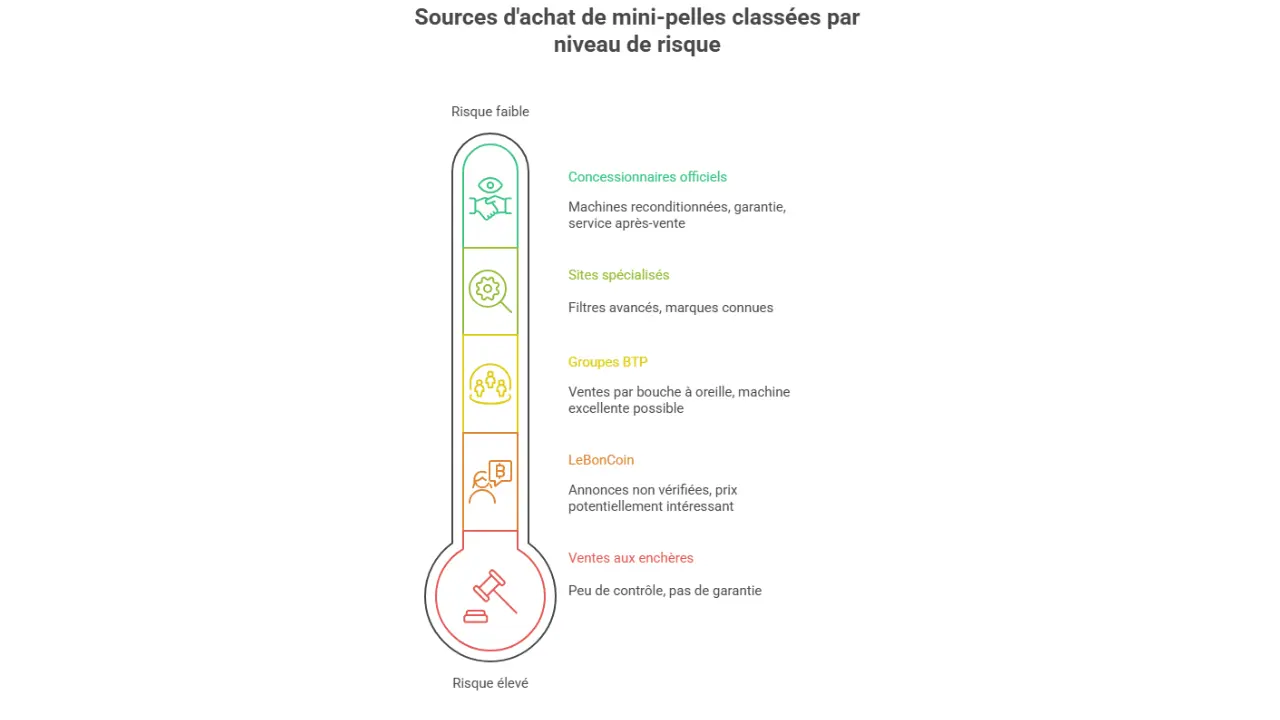 Thermomètre des sources d'achat de mini-pelles classées par niveau de risque, du risque faible avec les concessionnaires officiels au risque élevé avec les ventes aux enchères