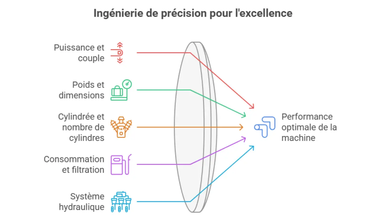 Ingénierie de précision des moteurs de mini-pelles : puissance, poids, cylindrée, filtration et hydraulique pour une performance optimale.