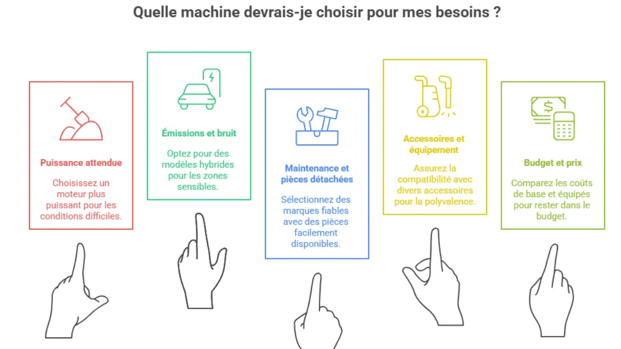 nfographie montrant les critères de choix d'une mini-pelle : puissance attendue, émissions et bruit, maintenance et pièces détachées, accessoires et équipement, budget et prix.