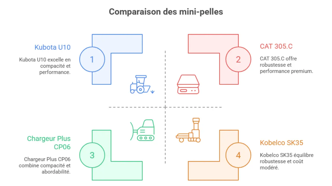 Comparaison de mini-pelles : Kubota U10, CAT 305.C, Chargeur Plus CP06, Kobelco SK35 - caractéristiques de compacité, performance et prix