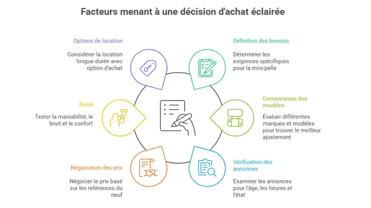 Facteurs pour un achat mini-pelle éclairé : définition des besoins, comparaison des modèles, vérification des annonces, négociation des prix, essai de la machine, options de location