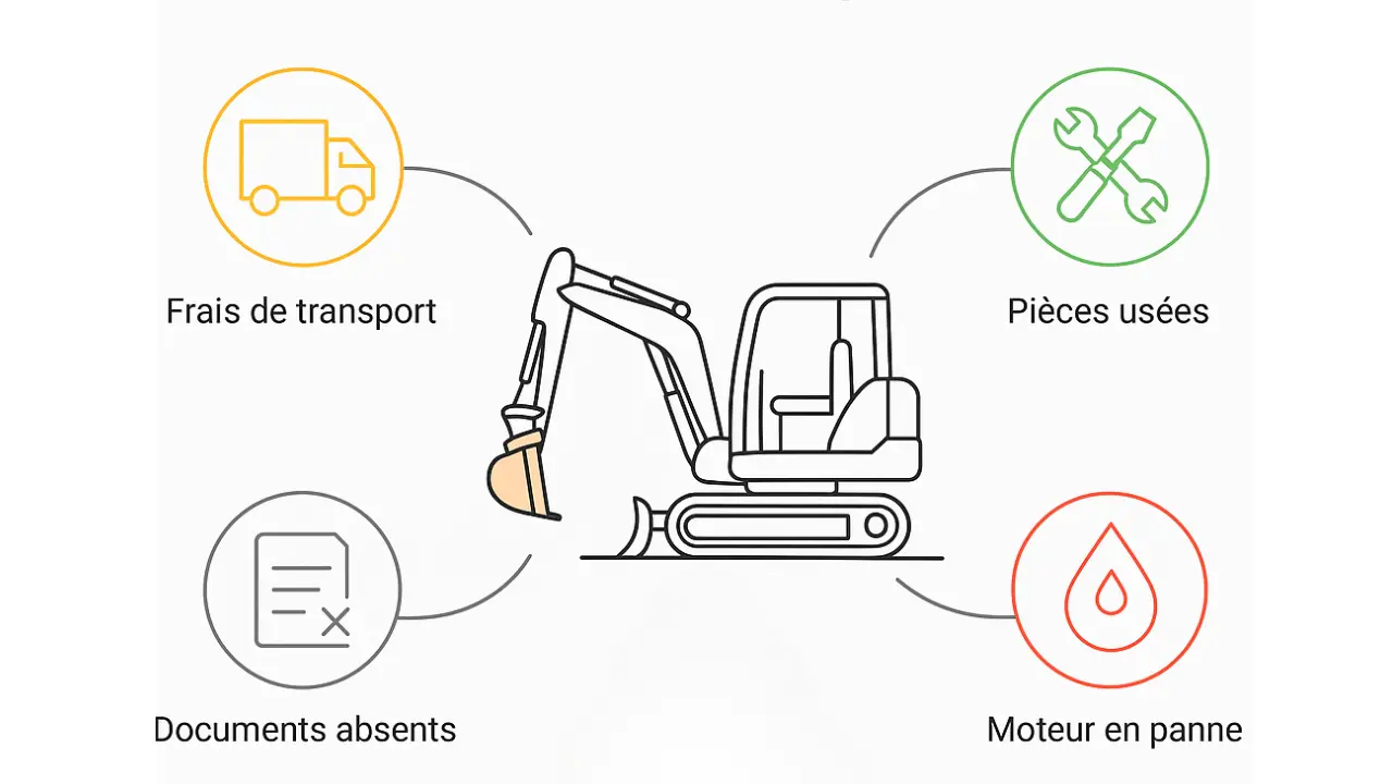 Illustration d’une mini-pelle verte entourée de symboles représentant les coûts cachés comme le transport, les réparations, et l’usure des pièces