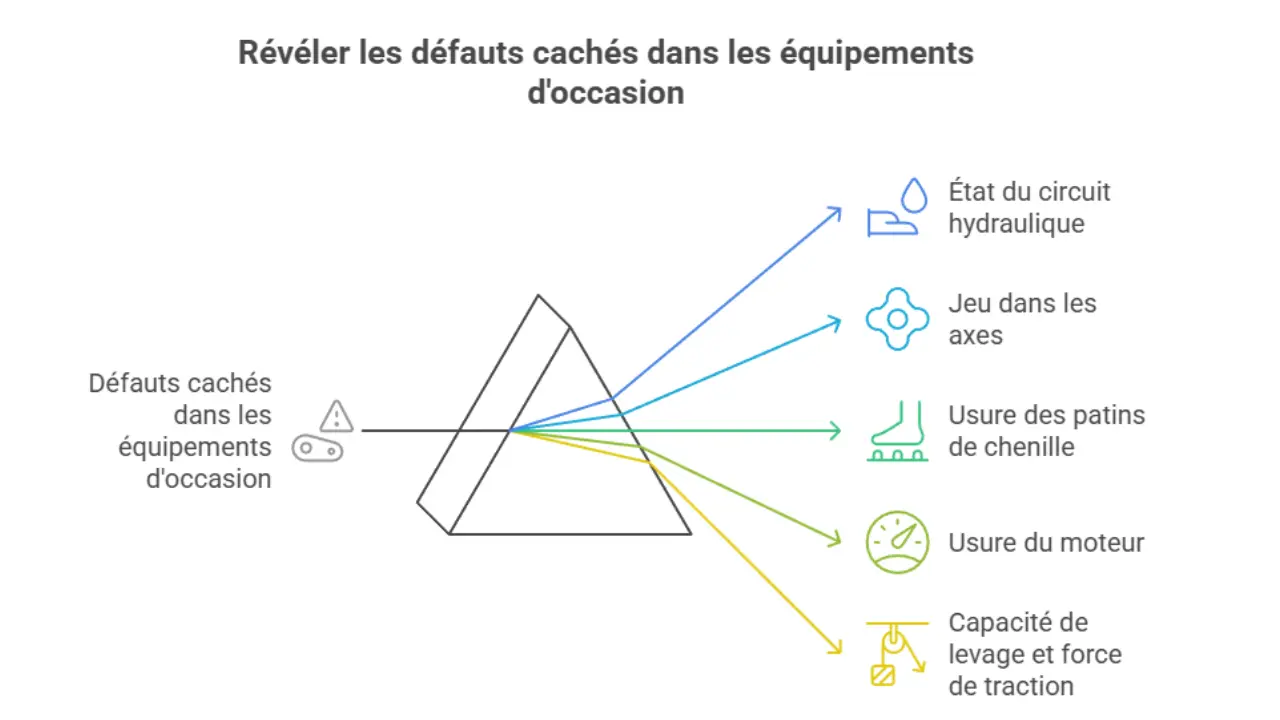 Infographie illustrant les défauts cachés d’une mini-pelle d’occasion : état du circuit hydraulique, jeu dans les axes, usure des patins, moteur fatigué, capacité de levage réduite