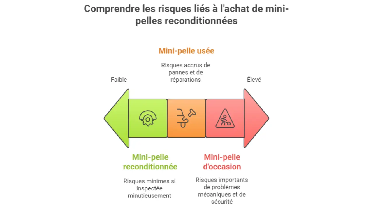Échelle de risque montrant les différences entre mini-pelle reconditionnée, usée et d'occasion selon leur fiabilité et les risques de panne.