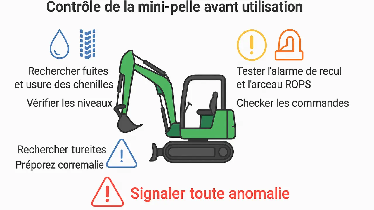 Infographie d’une mini-pelle verte avec des pictogrammes illustrant les étapes du check-up quotidien : niveaux de fluides, chenilles, fuites, commandes et équipements de sécurité