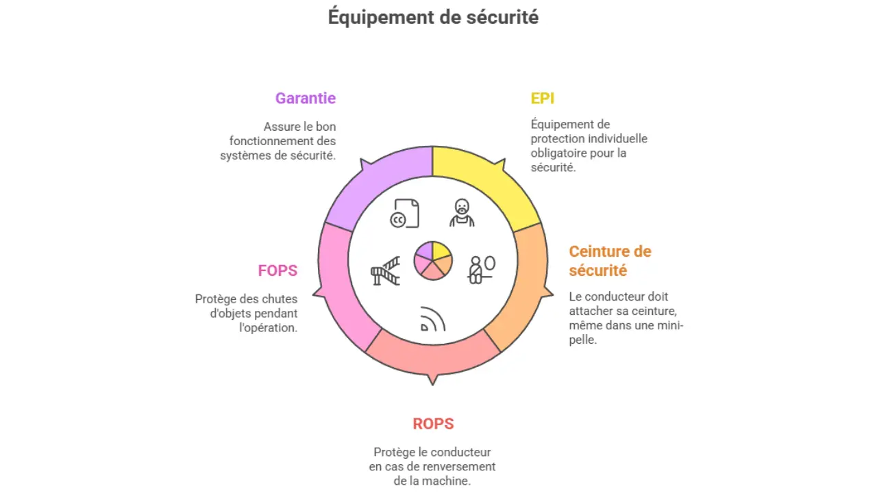 Infographie circulaire illustrant les principaux équipements de sécurité d'une mini-pelle : garantie des systèmes, EPI, ceinture de sécurité, arceau ROPS et structure FOPS