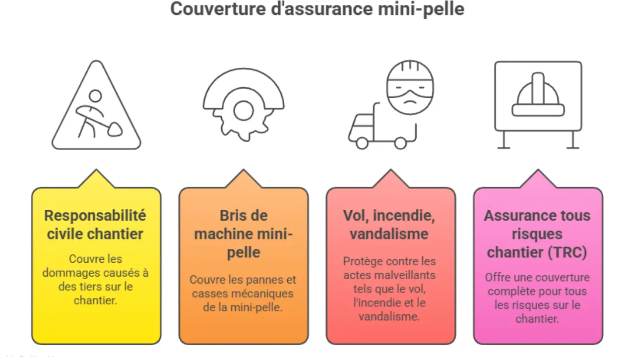 Schéma illustrant les différentes garanties d'une assurance mini-pelle : responsabilité civile chantier, bris de machine, vol et vandalisme, assurance tous risques chantier (TRC)