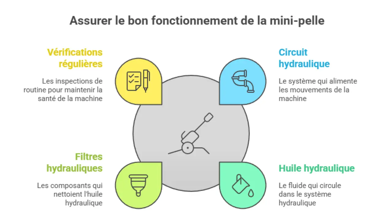 Schéma illustrant les éléments essentiels pour assurer le bon fonctionnement d'une mini-pelle : vérifications régulières, circuit hydraulique, filtres hydrauliques et huile hydraulique.