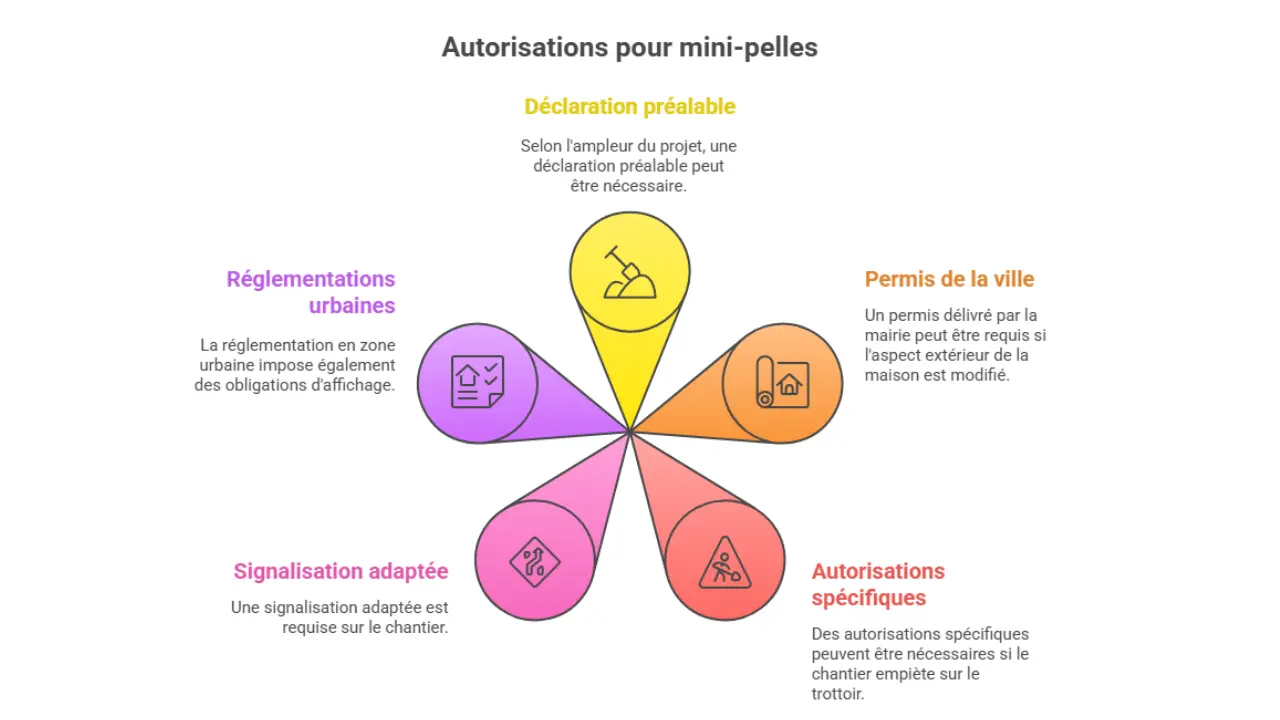 Infographie illustrant les différentes autorisations nécessaires pour utiliser une mini-pelle en zone urbaine : déclaration préalable, permis de la ville, autorisations spécifiques, signalisation adaptée, réglementations urbaines. Chaque élément est représenté sous forme de pétale coloré avec une icône descriptive.