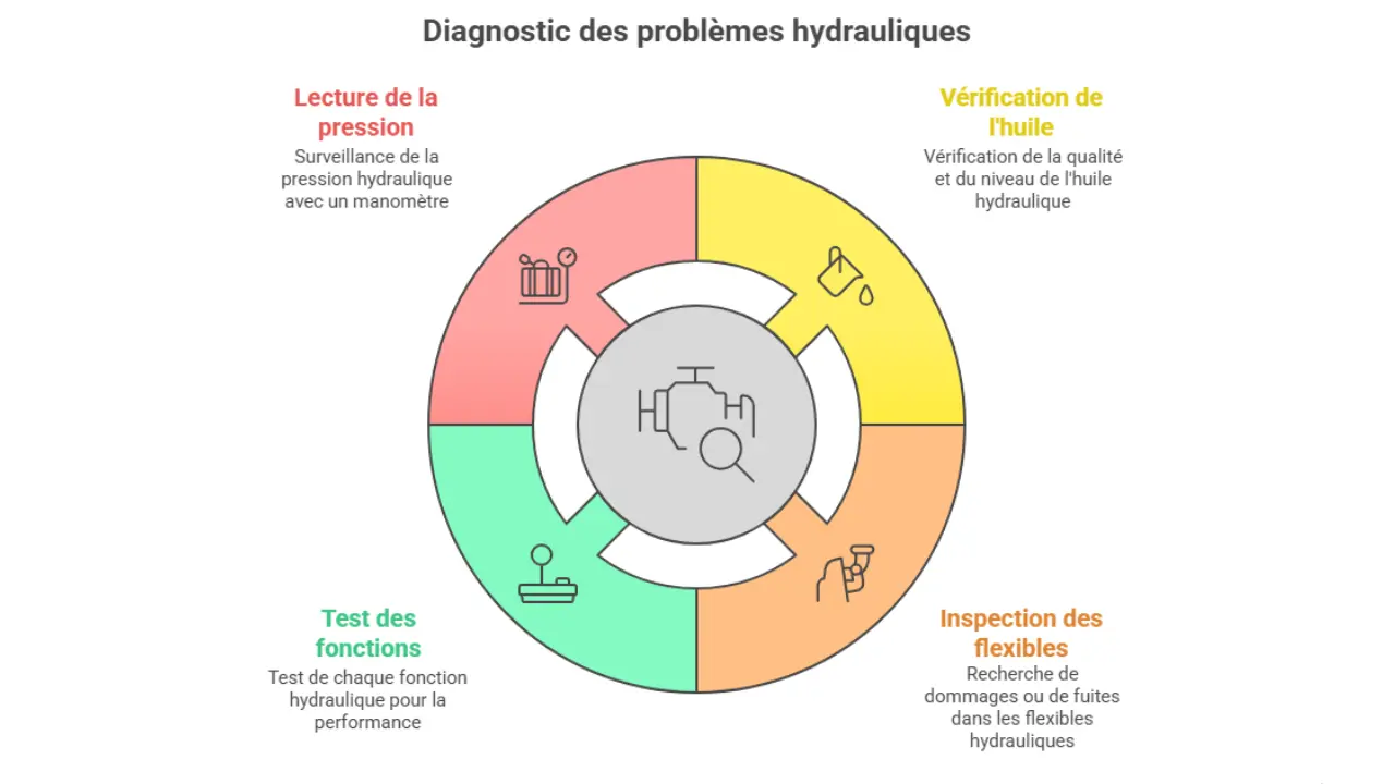 Schéma circulaire des étapes du diagnostic d’un système hydraulique de mini-pelle : lecture de la pression, vérification de l’huile, inspection des flexibles et test des fonctions, illustrées par des icônes sur fond coloré.