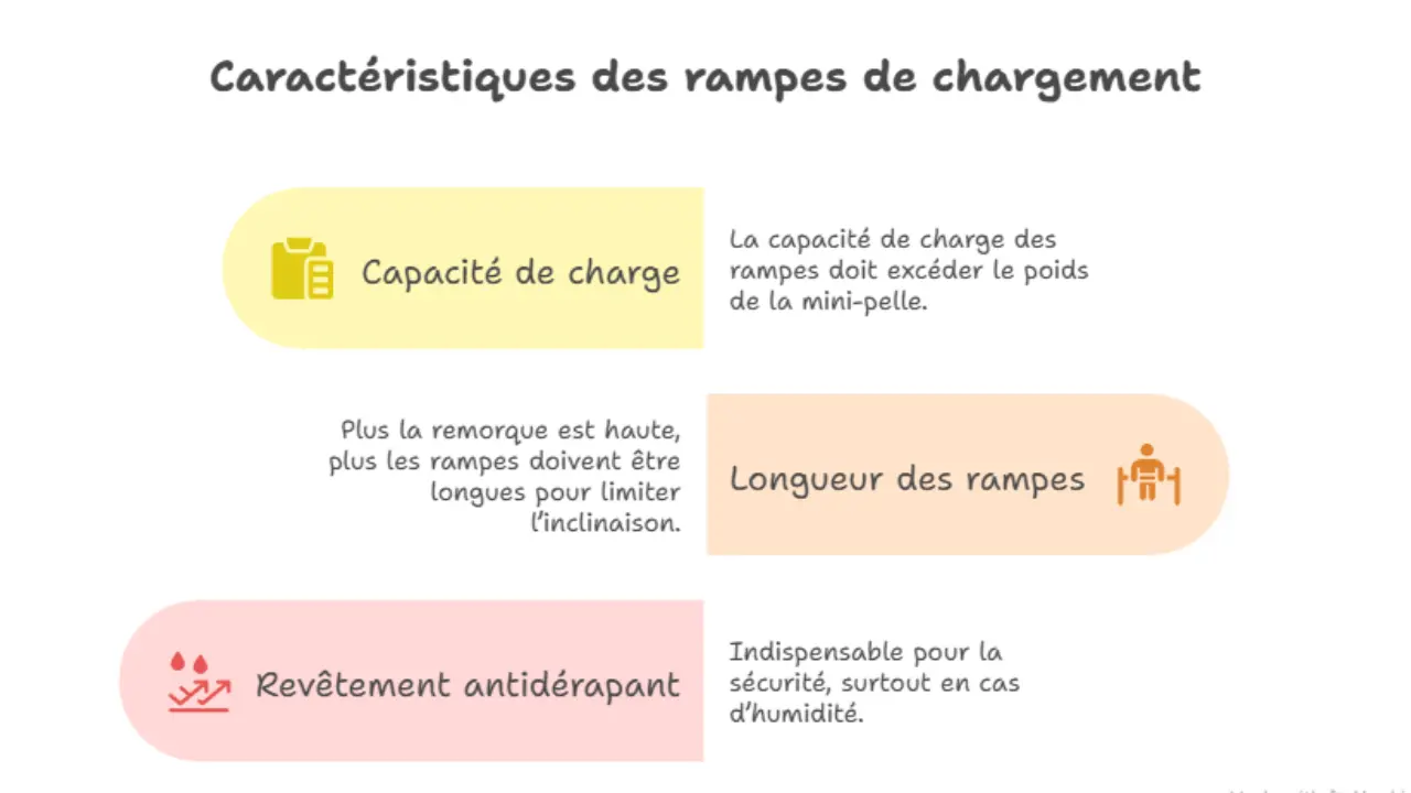 Caractéristiques des rampes de chargement pour mini-pelle : capacité de charge, longueur des rampes et revêtement antidérapant