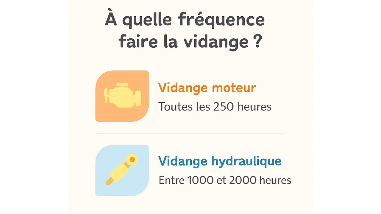 Fréquence de vidange d’une mini-pelle : vidange moteur toutes les 250 heures, vidange hydraulique entre 1000 et 2000 heures