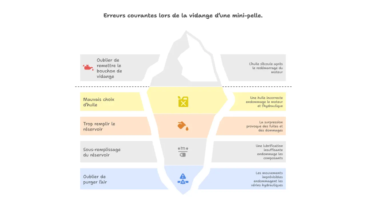 Infographie des erreurs courantes lors de la vidange d'une mini-pelle : oubli du bouchon de vidange, mauvais choix d’huile, trop ou pas assez d’huile, oubli de purger l’air, avec conséquences pour chaque erreur"