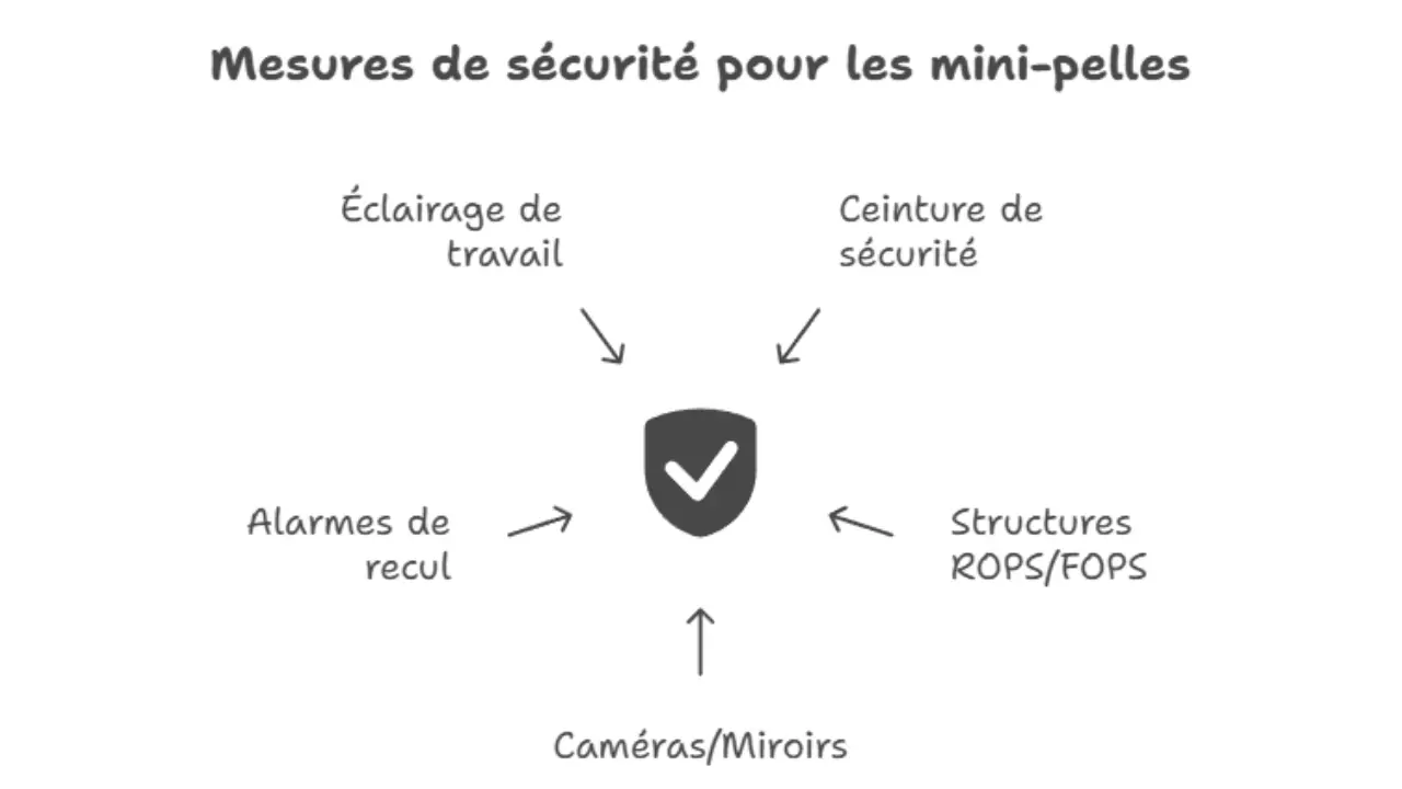 Schéma des mesures de sécurité pour mini-pelles : éclairage de travail, ceinture de sécurité, structures ROPS/FOPS, caméras ou miroirs, alarmes de recul
