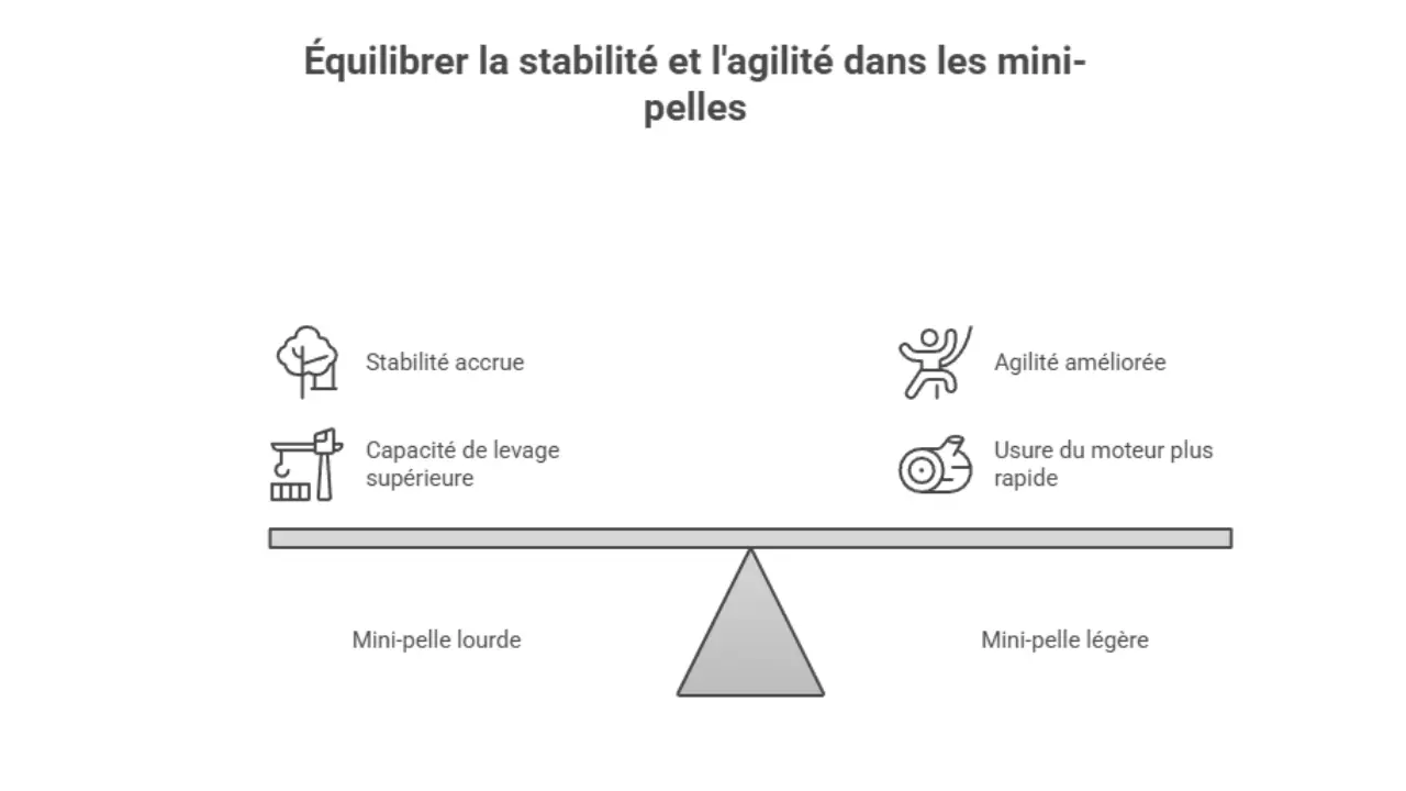 Infographie illustrant l’équilibre entre stabilité et agilité des mini-pelles, avec une balance symbolique comparant les avantages d’une mini-pelle lourde (stabilité, capacité de levage) à ceux d’une mini-pelle légère (agilité, usure moteur accrue)