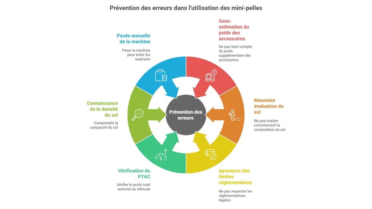 Infographie en cercle illustrant les principales erreurs à éviter dans l’utilisation des mini-pelles, comme la sous-estimation du poids des accessoires, l’ignorance des limites réglementaires, ou une mauvaise évaluation du sol, avec des conseils de prévention associés