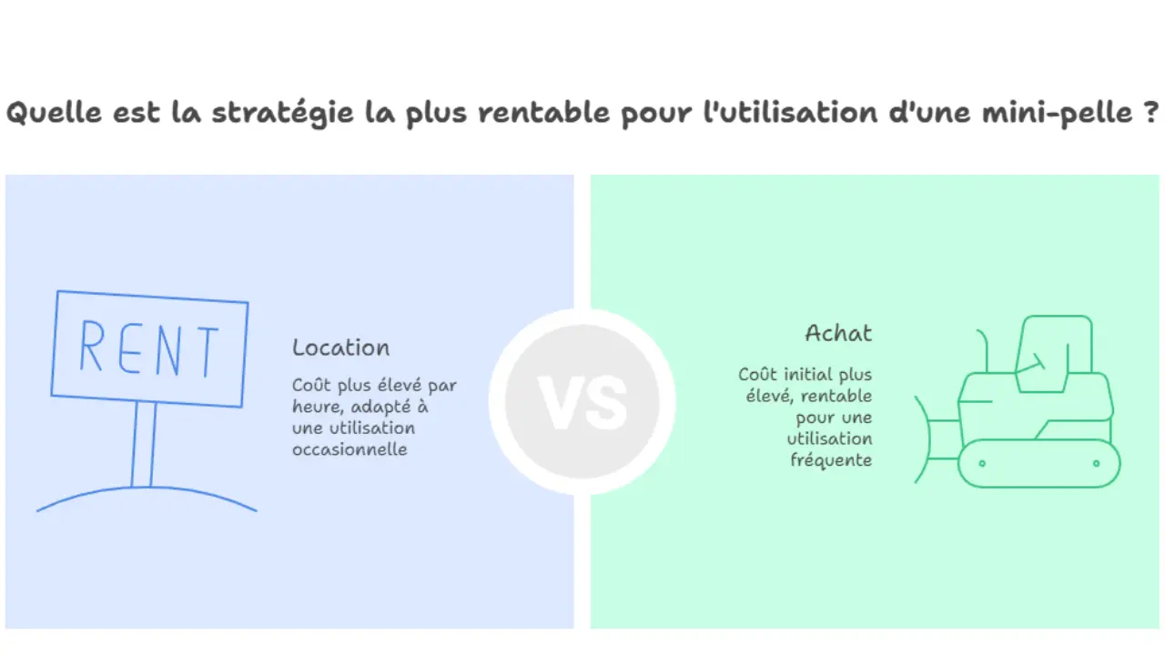 Infographie comparative entre location et achat de mini-pelle : à gauche, la location avec un coût horaire plus élevé adapté aux usages ponctuels ; à droite, l’achat avec un coût initial plus important mais rentable pour une utilisation fréquente.