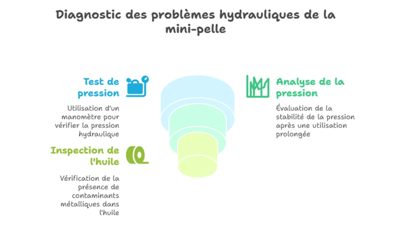 Infographie illustrant le diagnostic des problèmes hydrauliques d’une mini-pelle, incluant un test de pression, une analyse de la pression prolongée et une inspection de l’huile pour détecter les contaminants.
