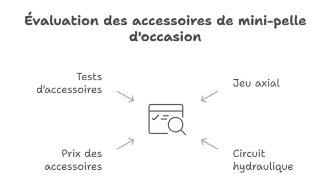 Schéma illustrant les critères d’évaluation des accessoires de mini-pelle d’occasion : tests d’accessoires, prix, jeu axial et état du circuit hydraulique.