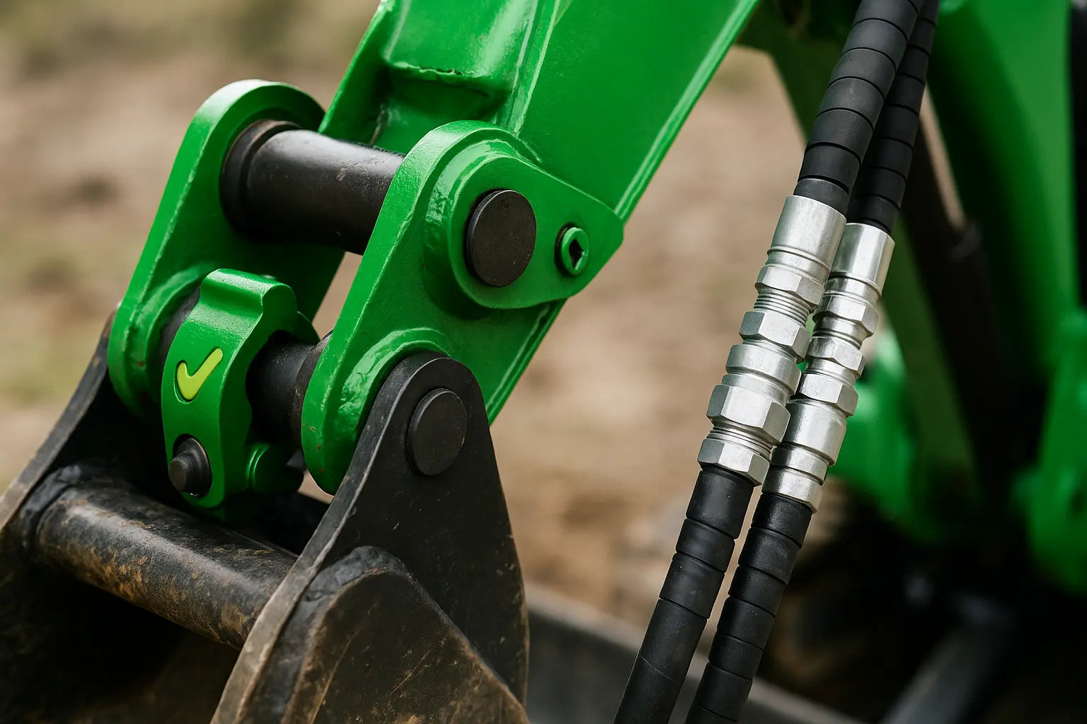 Gros plan sur attache rapide verrouillée et coupleurs hydrauliques propres d’une mini-pelle verte, pour illustrer compatibilité et verrouillage des outils.