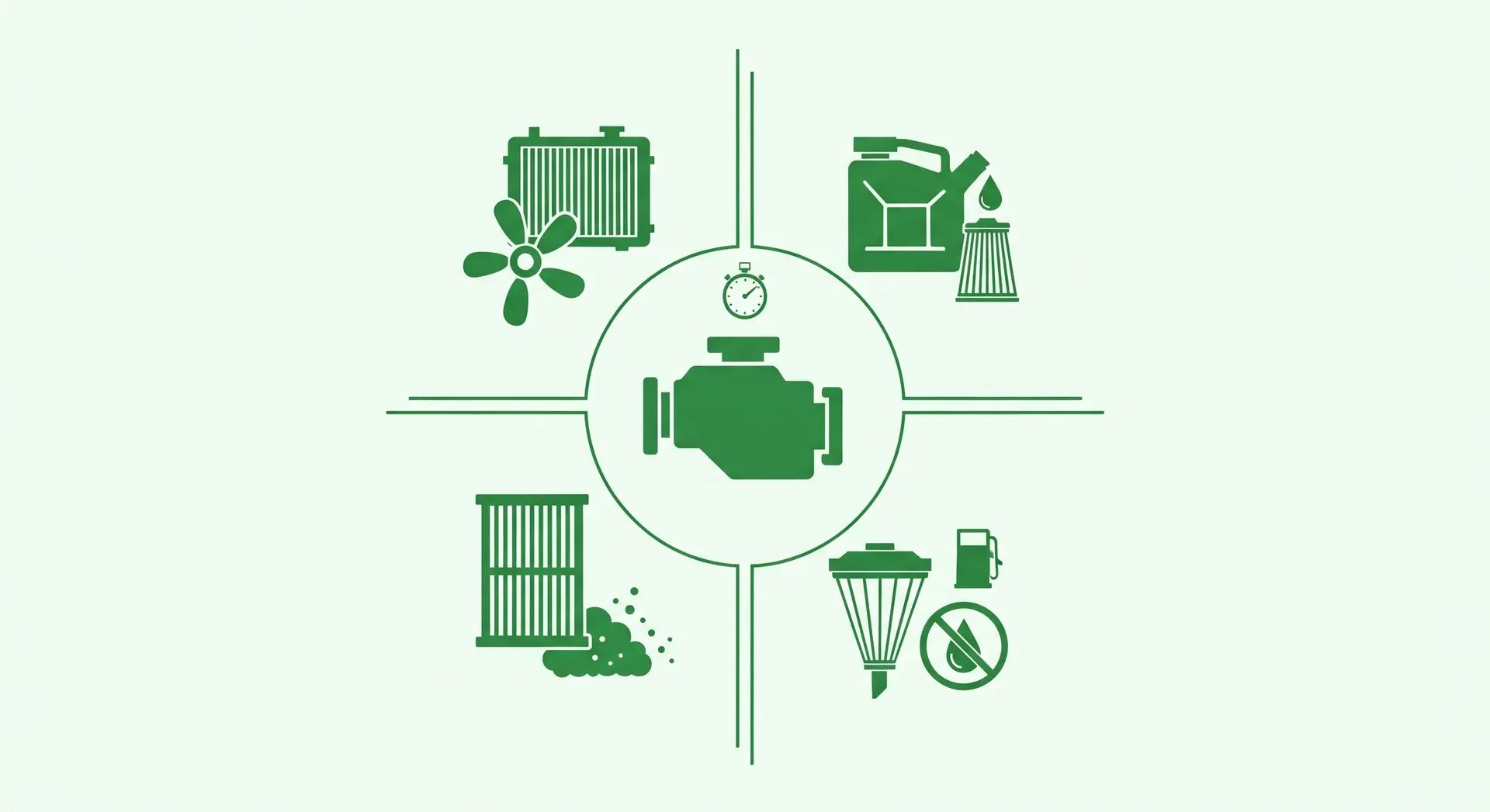 Infographie en cycle : moteur au centre, 4 segments — huile+filtre, gasoil sans eau, filtre à air propre, radiateur/ventilateur, avec rappel chrono 5 min.