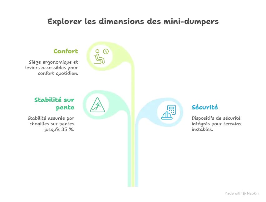 Infographie sur les dimensions des mini-dumpers : confort avec siège ergonomique et leviers accessibles, stabilité sur pentes jusqu’à 35 % grâce aux chenilles, et dispositifs de sécurité intégrés pour terrains instables