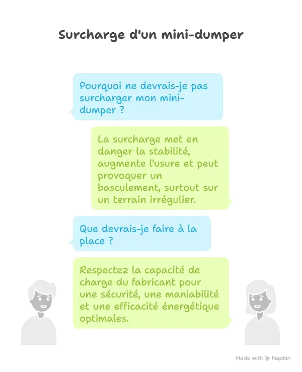 Infographie en style conversation sur la surcharge d’un mini-dumper : la surcharge met en danger la stabilité, augmente l’usure et peut provoquer un basculement. Solution : respecter la capacité de charge du fabricant pour sécurité et efficacité.