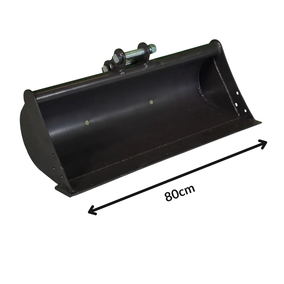 godet de curage vu de profil sur fond blanc. Flèche de 80 cm sur la longueur du godet représentant les dimensions