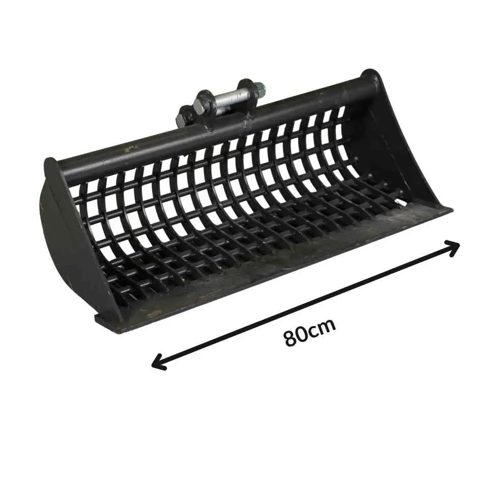 Godet squelette vu de profil sur fond blanc. Flèche sur la longueur du godet avec 80 cm représentant ses dimensions