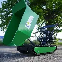 Dumper à chenilles Chargeur Plus avec benne hydraulique verte en position de déversement