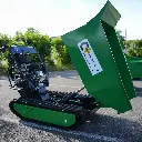 Dumper à chenilles Chargeur Plus avec benne hydraulique verte en position haute, vu de profil sur un parking en extérieur