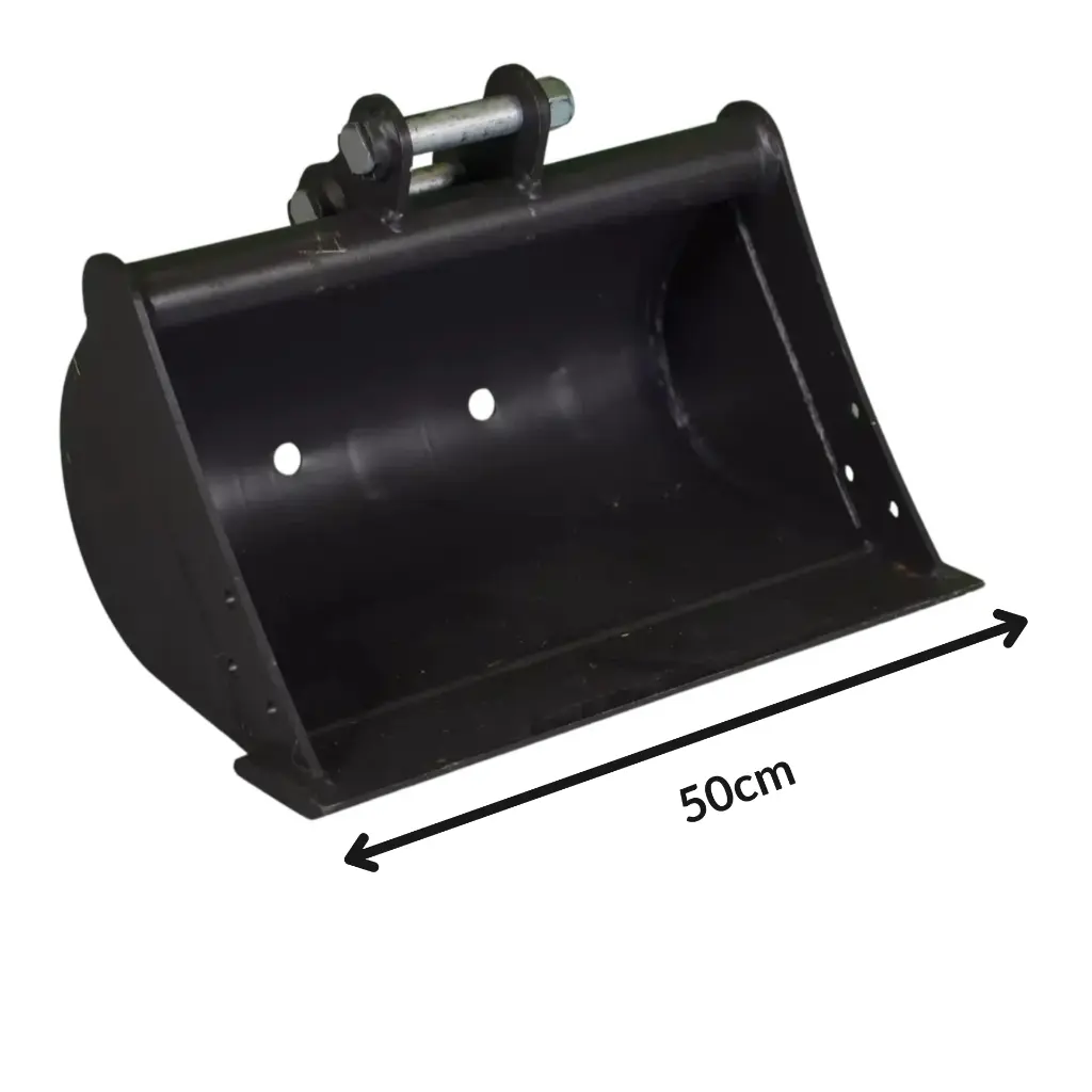 godet de curage vu de profil sur fond blanc. Flèche 50cm sur la longueur du godet pour décrire les dimensions.