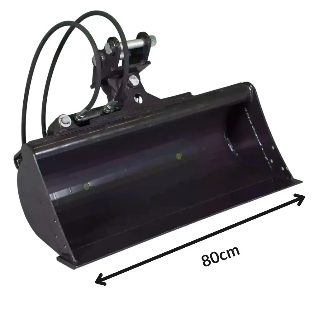 godet curage tilt vu de profil sur fond blanc. Flèche sur la longueur du godet avec écrit 80cm, la longueur des dimensions